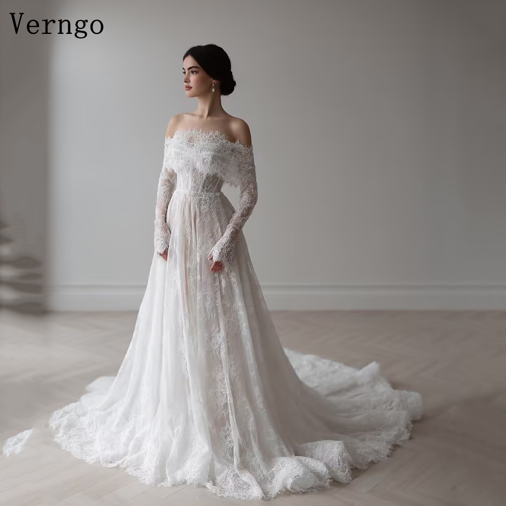Verngo-vestidos de novia de encaje color marfil con hombros descubiertos, vestidos de novia de manga larga, vestidos de novia con tren de barrido personalizados