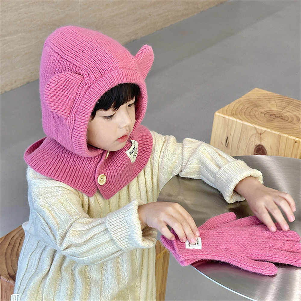Schattige Beer Oor Kinderen Muts Sjaal Een Stuk Winter Warme Kinderen Beanie Cap Effen Kleur Gebreide Oorbeschermkapjes Bivakmuts