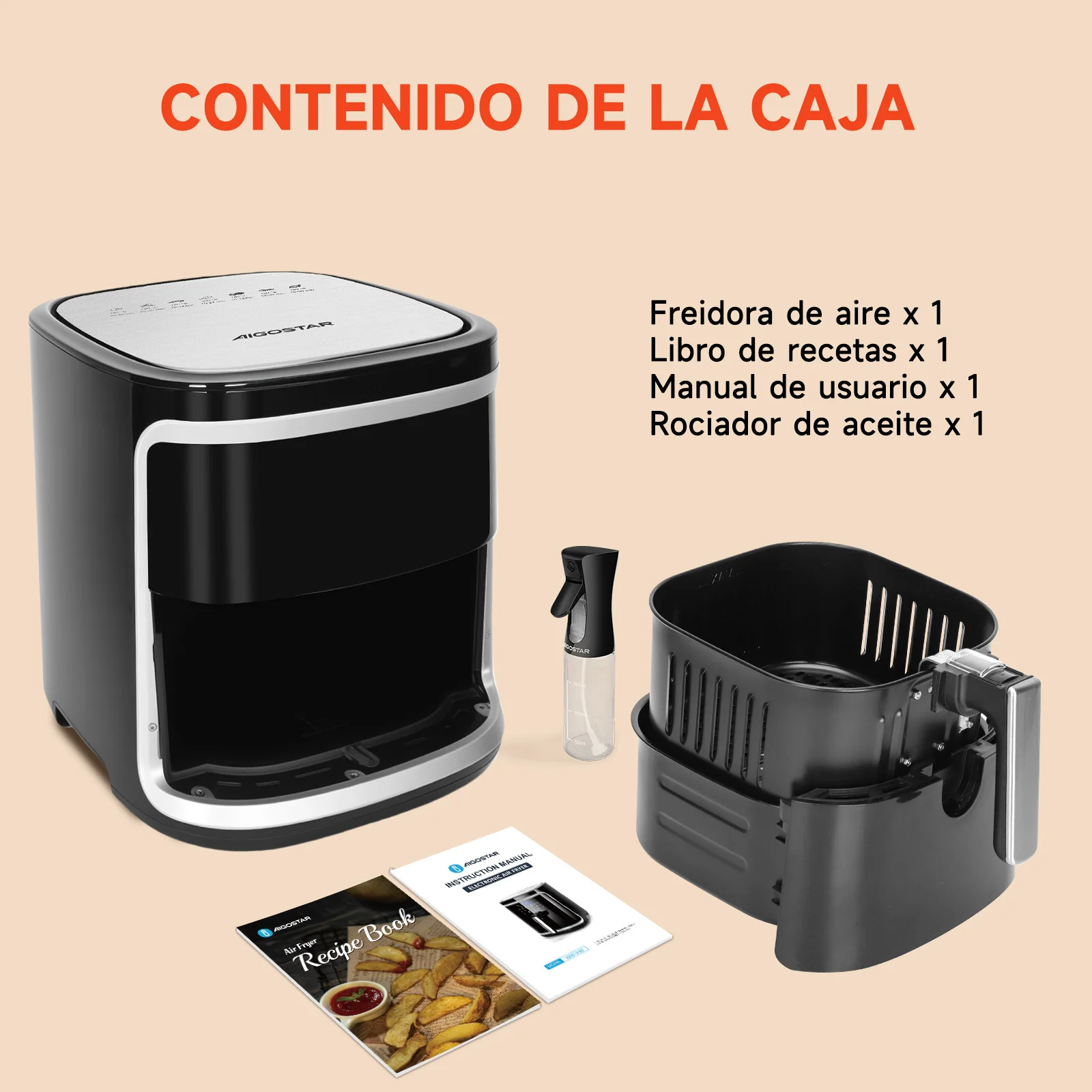 AIGOSTAR Freidora de Aire sin Aceite 7L,1900W, Inteligente. Conexión Wifi.Pantalla LED táctil, 7 funciones preestablecidas + mantener caliente y modo manual, Libre de BPA