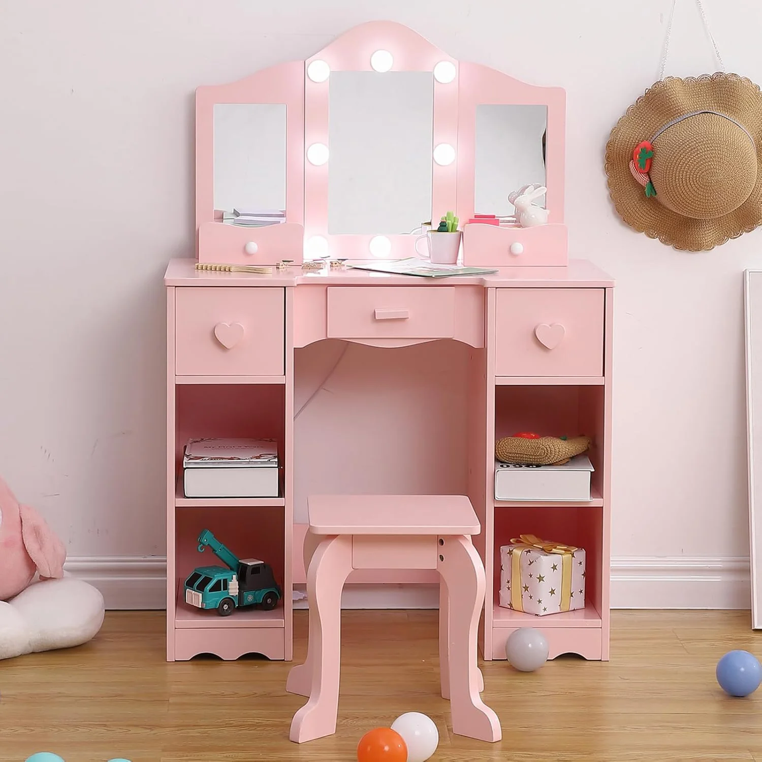 Toeletta per bambini Vanity per ragazze con specchio triplo pieghevole Scaffali aperti Set da gioco per trucco con sedia per bambini piccoli