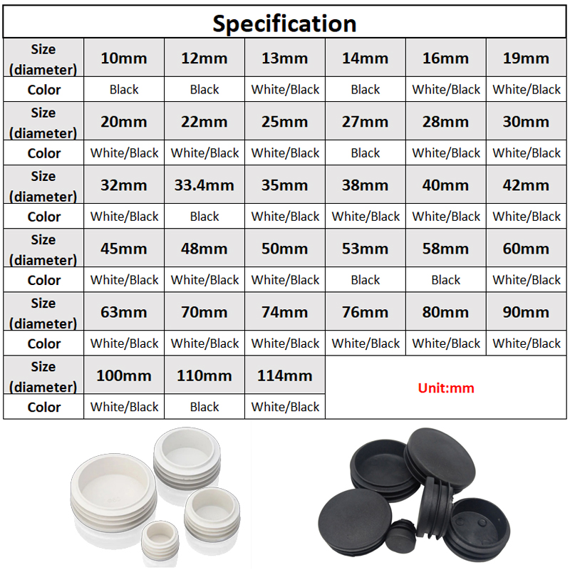 Runde Kunststoff-Innenstopfen, Stahlrohr-End-Blindkappen, Legierung, Leiter, Stuhlbein, rutschfeste Abdeckung, weiß/schwarz, Durchmesser 10–50 mm