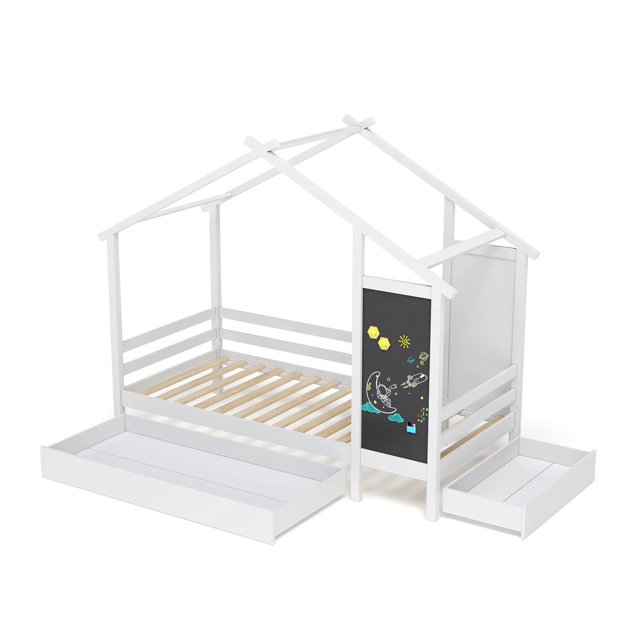 Lazyspace Estructura de cama infantil blanca 90x200 cm, cama casera de madera para niños, con pizarra y 2 cajones