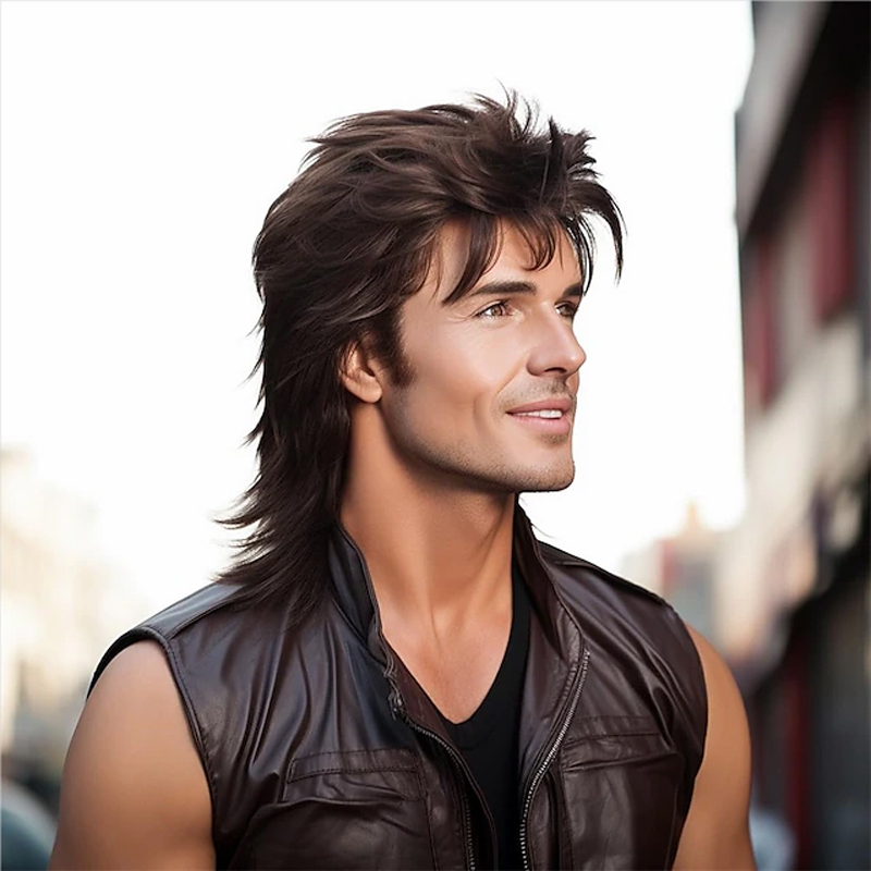 HAIRJOY สังเคราะห์ผม Mullet วิกผมผู้ใหญ่วิกผมตลกสําหรับชาย Pop Rock วิกผม Joe Dirt วิกผมสําหรับ 70s 80s วิกผมสังเคราะห์สีน้ําตาลวิกผม