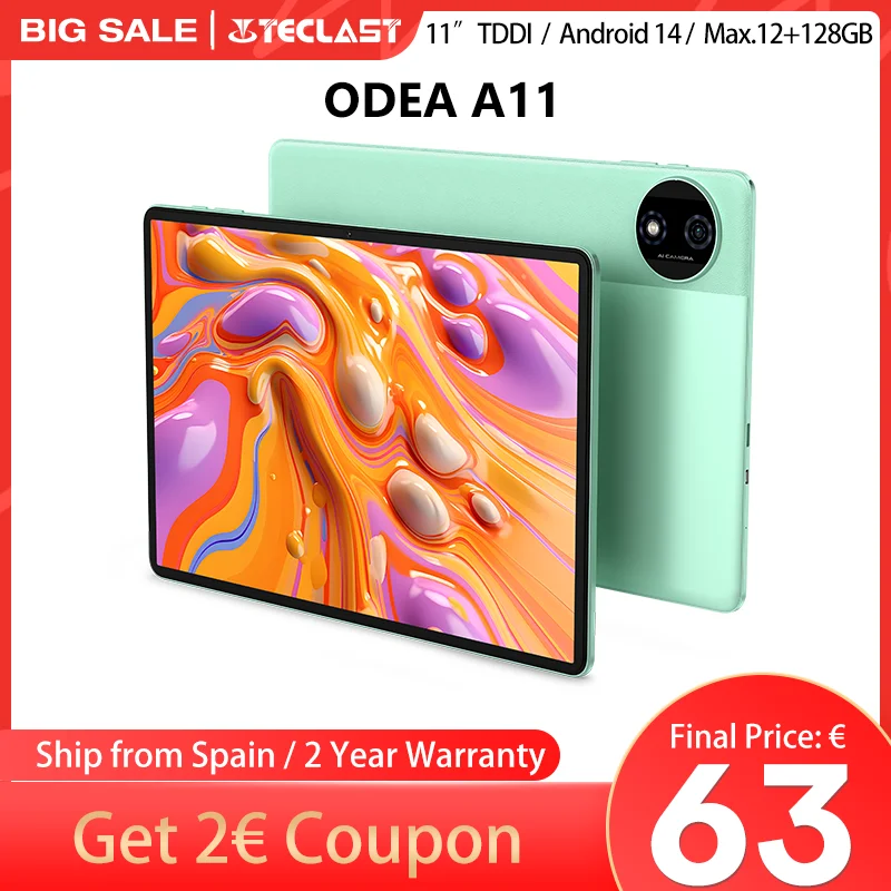 Tableta Odea A11 Android 14, TDDI de 11 pulgadas, (4GB + 8GB)12GB RAM, 128GB ROM, 8 núcleos, UNISOC T606, 1280x800, Mali-G57, 7000ma