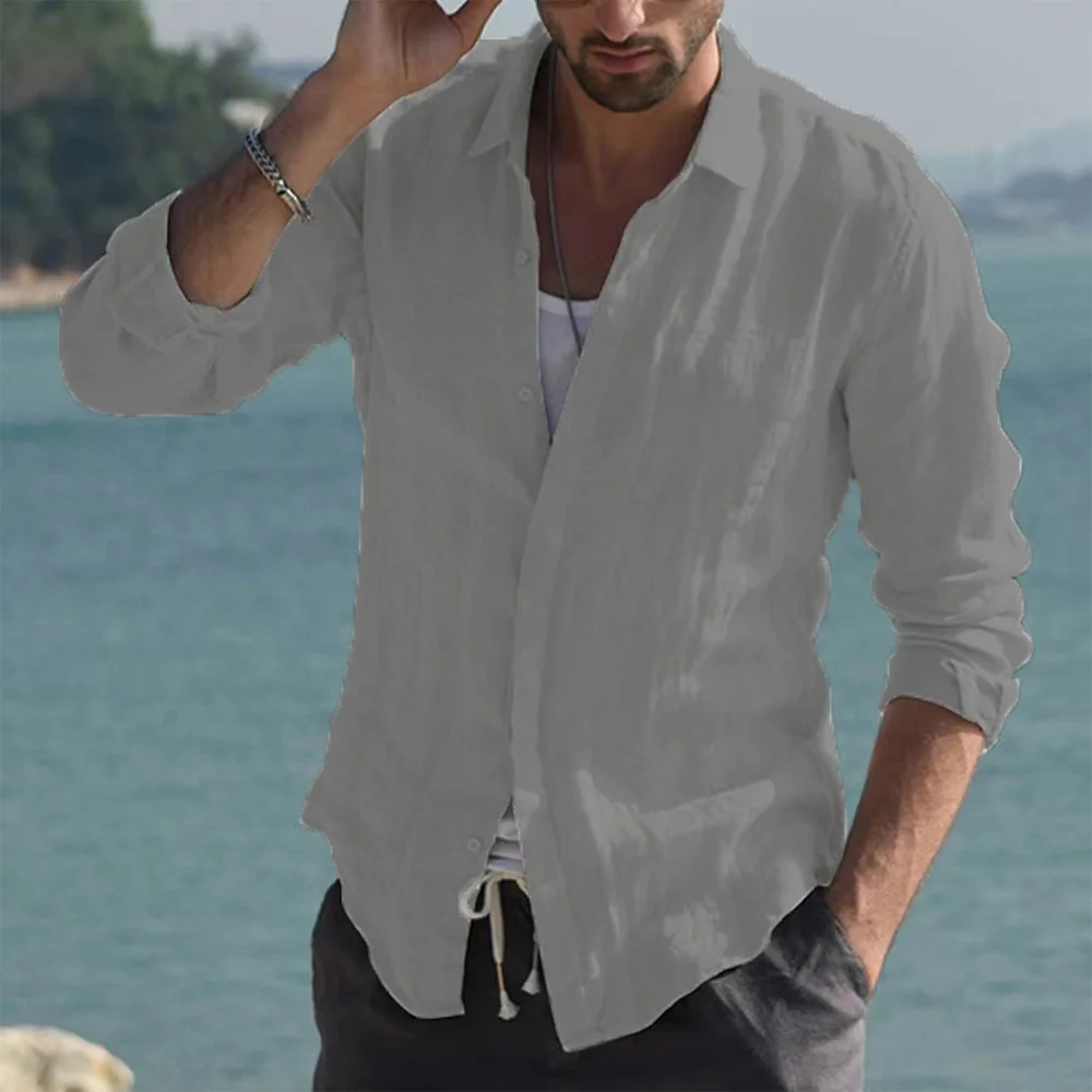 ฤดูร้อนผู้ชายแฟชั่นอเนกประสงค์เสื้อชายหาดผ้าฝ้ายลินินเสื้อผู้ชายแขนยาวเสื้อสเวตเตอร์ถักเปิดลงปก SLIM FIT