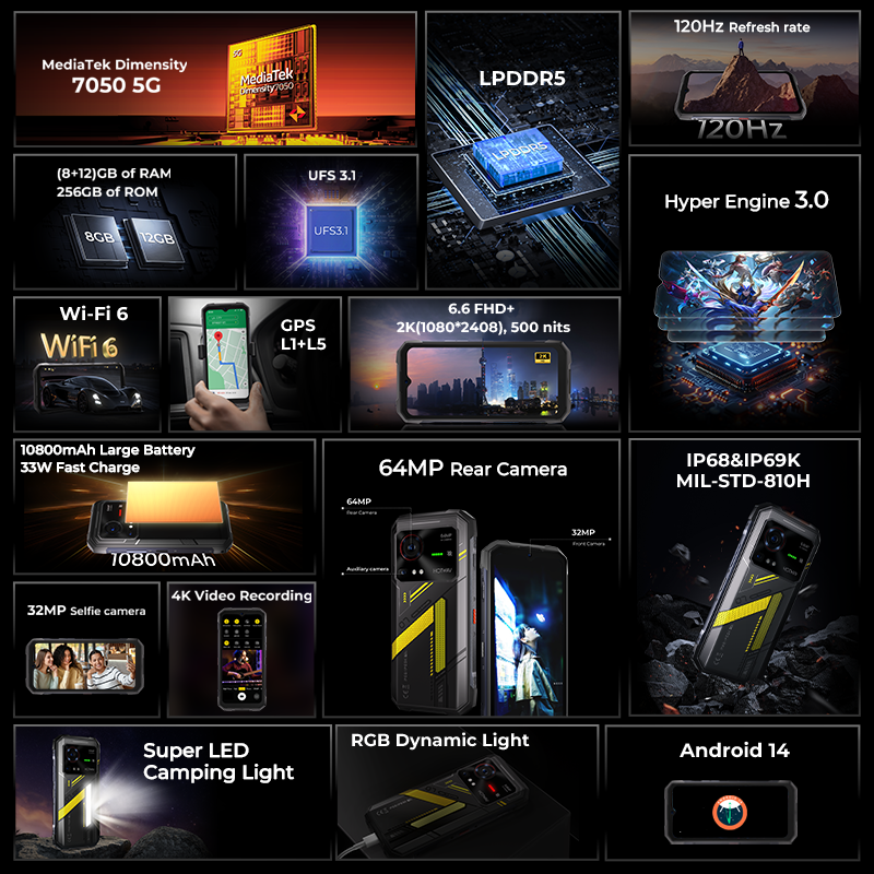Hotwav hyper 7 5g telefone robusto 6.6 ''fhd + 2k display 10800mah telefone móvel 280lm 64mp smartphone 8gb 256gb android 14 celular