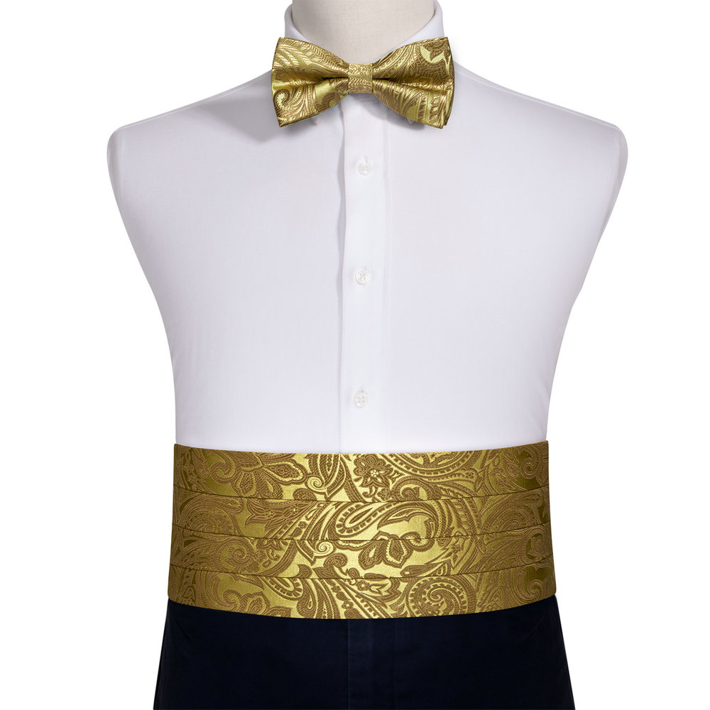 Cummerbund dorado de lujo para hombre, conjunto de gemelos, pañuelo de seda de alta calidad, pajarita de Cachemira, regalo de boda, fiesta Formal, Barry.Wang