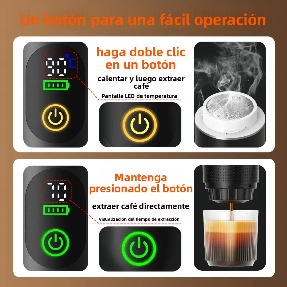 Cafetera eléctrica portátil inalámbrica Foombthe para coche y camping, con depósito de agua de 80 ml, pantalla digital, 3 en 1, para cápsulas de café en polvo y viajes.