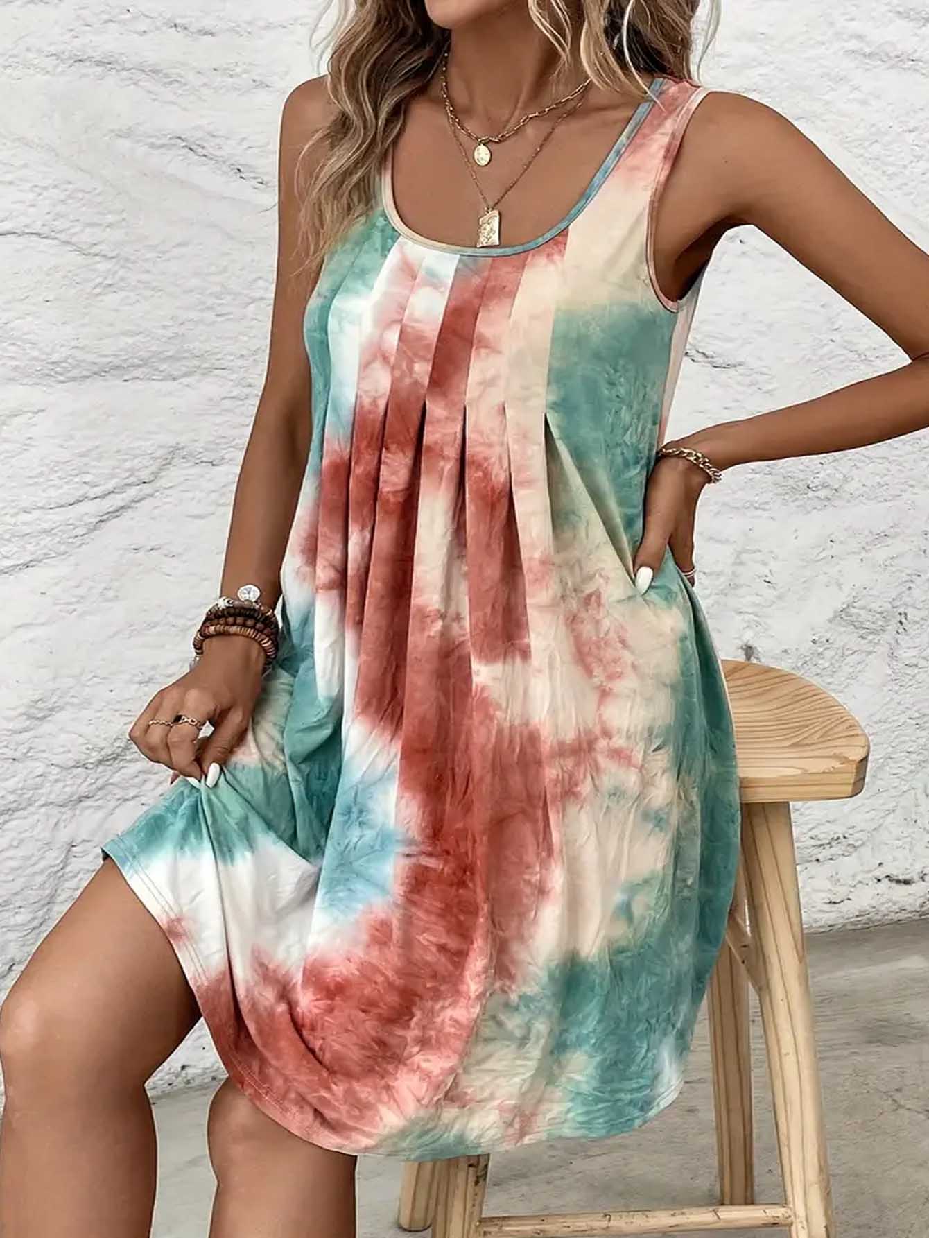 Plus Size Damenmode, lässig, elegant, Bohemian-Stil, Batikmuster, ärmellos, Rundhalsausschnitt, plissiert