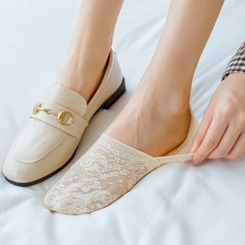 5 pares de calcetines tobilleros invisibles antideslizantes de verano a la moda para mujer con calcetines estilo flor de encaje