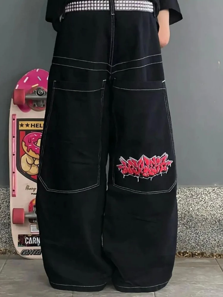 HOUZHOU Y2k Übergroße schwarze Damen-Jeans, Vintage-Denim-Hose mit weitem Bein, Stickerei, Grunge-Hip-Hop-Stil, Streetwear, Baggy-Jeans