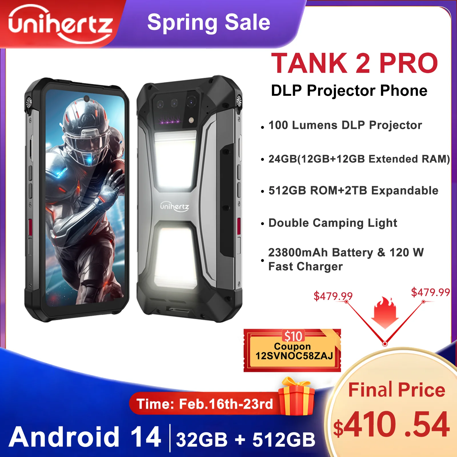 Unihertz tank 2 Pro 8849 smartphone robusto com projetor 2.4K 23800 mAh 24GB + 512GB telefone móvel Android 14 100MP NFC celular