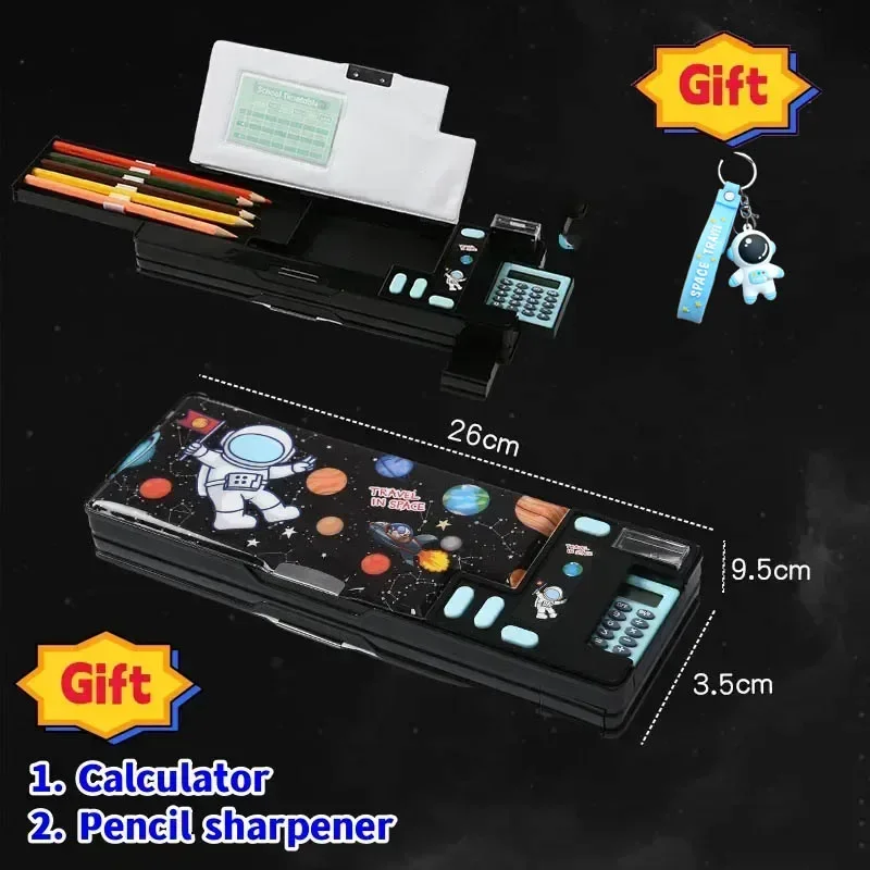 Creative Multi-functional Plastic Stationery Box for Primary School Students Double-sided Magnetic Pencil Calculator Sharpener