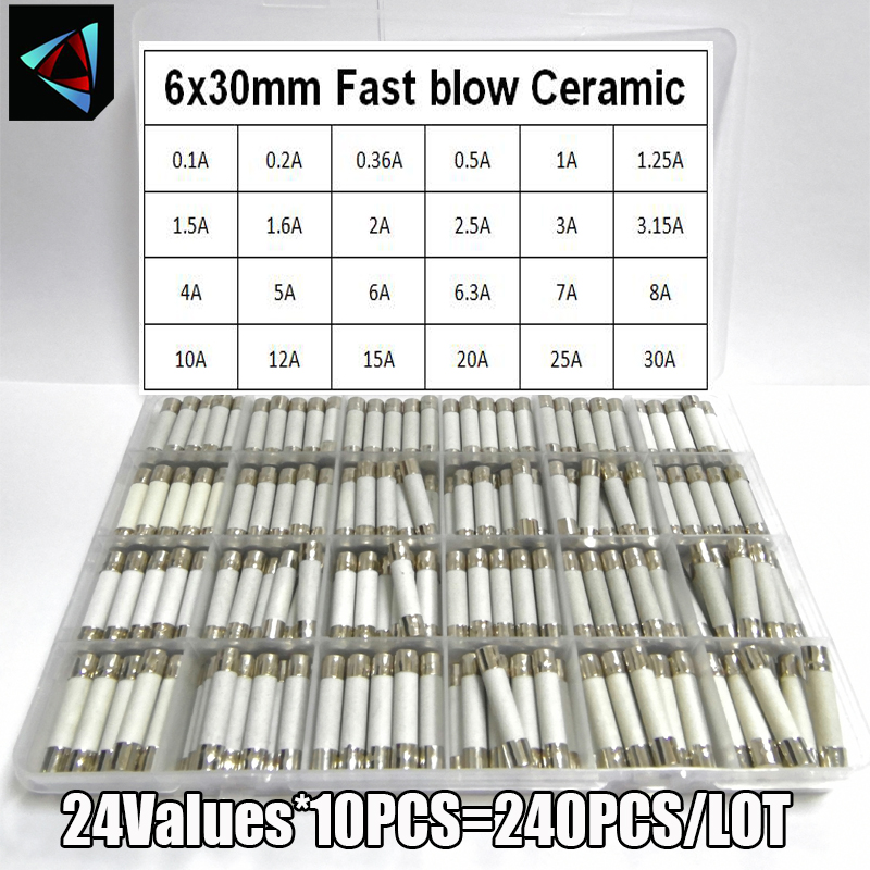 240 unids/caja 24 valores 6x30mm fusible cerámico de soplado rápido 250V 0.1A 0.2A 0.5A 1A 1.5A 2A 2.5A 3A 3.15A 4A 5A 6A 10A 15A 20A 25A30A