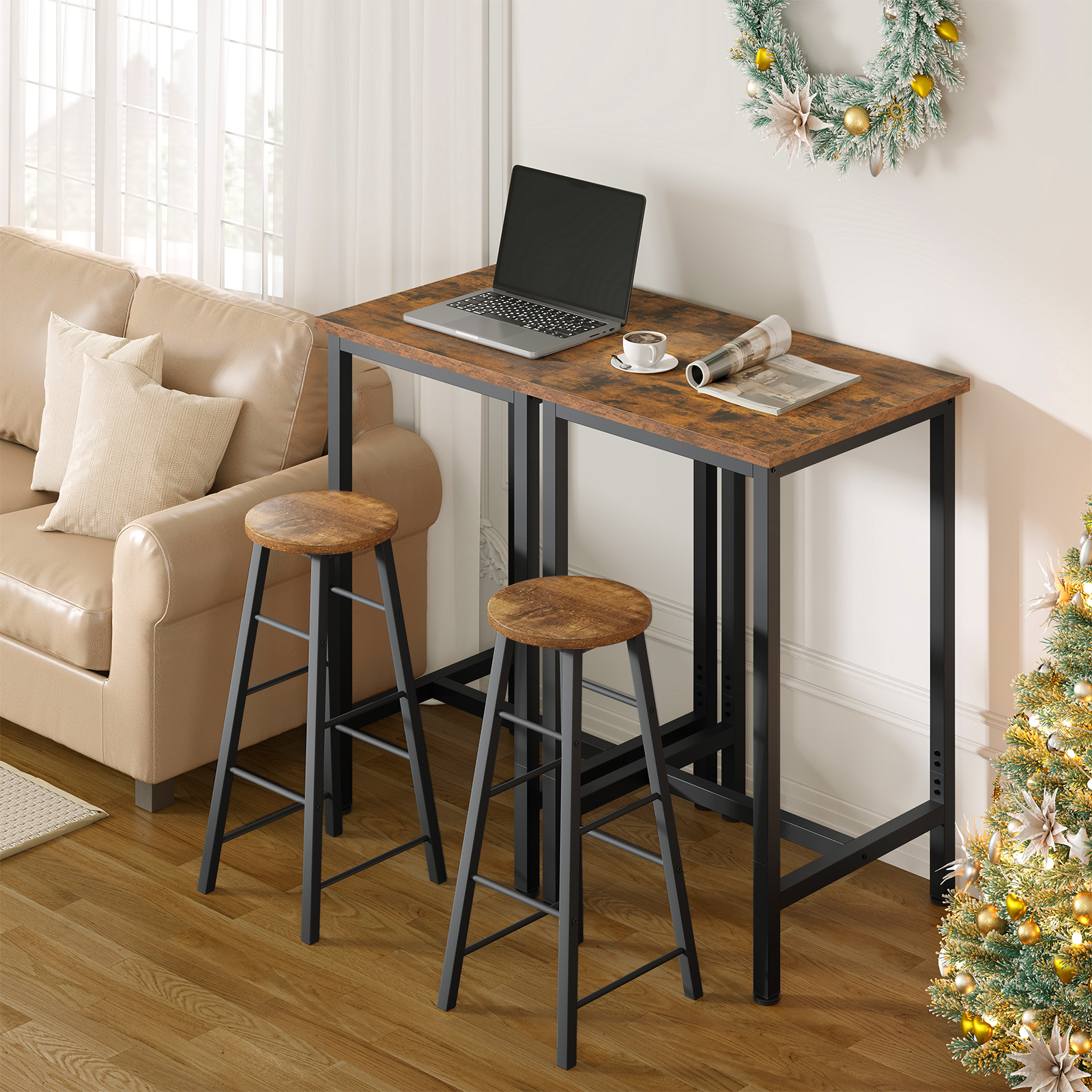 WOLTU Quadratischer Bartisch, hoher Tisch für Bistro, Küche, Wohnzimmer, Metallrahmen, platzsparender Esstisch, Kneipentisch für Barzubehör