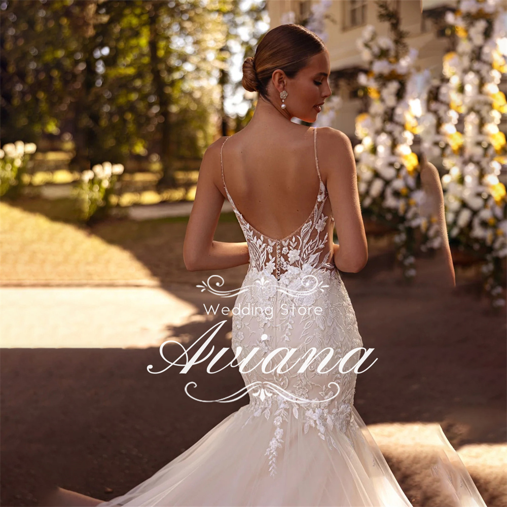 Angepasst Aviana Spaghetti Strap V-ausschnitt Meerjungfrau Hochzeit Kleid Backless Tüll Applikationen Stickerei Schatz Vestidos de novia