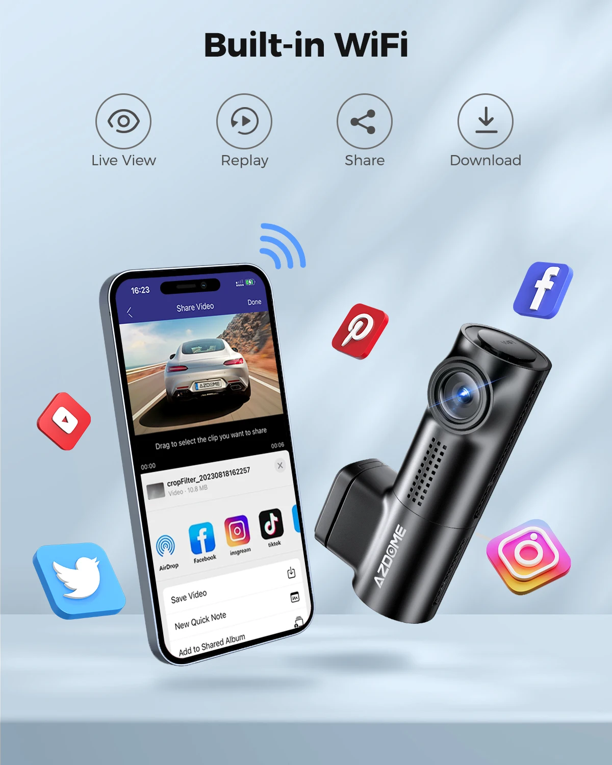 AZDOME M330 coche DVR 1296P cámara de salpicadero Control de voz inteligente WiFi aplicación gratuita sensor G registro de emergencia Monitor de estacionamiento grabación en bucle