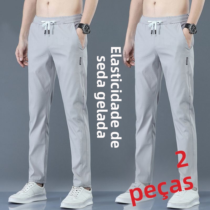 Calças Casuais Masculinas Ultra-Finas de Seda Gelada, Soltas, Respiráveis, com Pernas Retas, Secagem Rápida, Cintura Elástica...