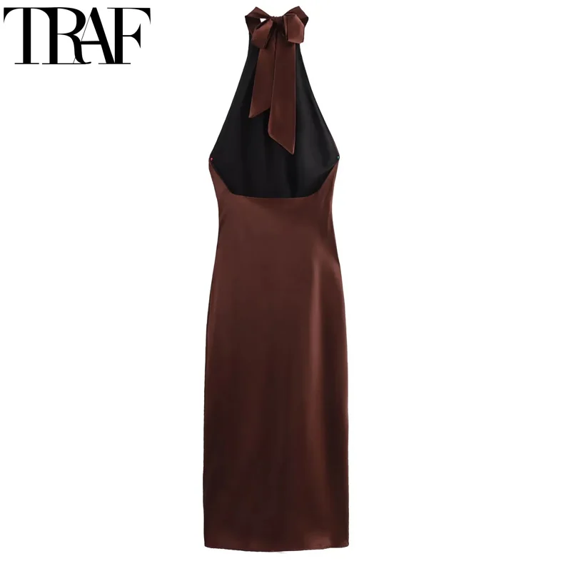 TRAF Halter ซาตินชุดยาวผู้หญิงผูก Backless สีน้ําตาล Midi ฤดูร้อนปิดไหล่ชุดปาร์ตี้ชุดราตรีจีบ