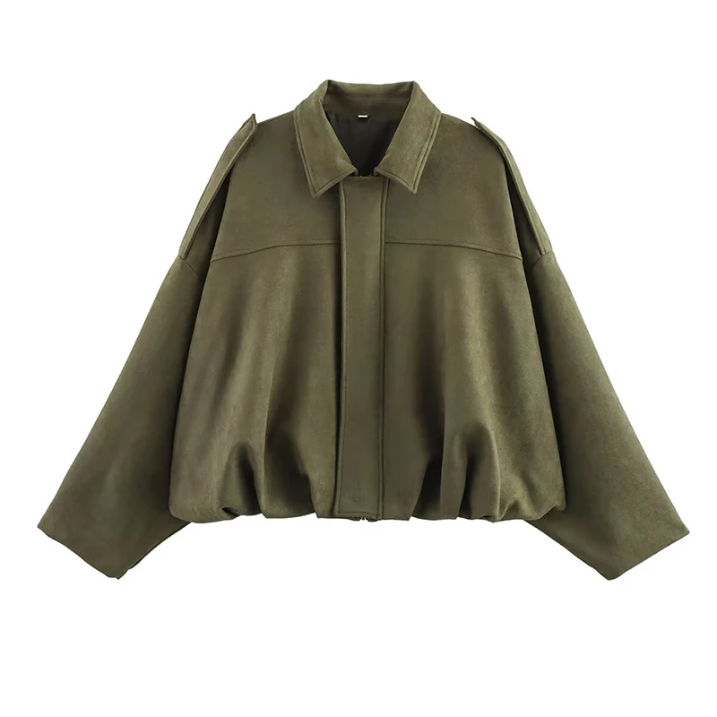 YENKYE Neue 2025, Frauen Wildleder Strukturierte Bomber Jacke Langarm Revers Kragen Lose Mäntel Casual Weibliche Oberbekleidung Chic Tops