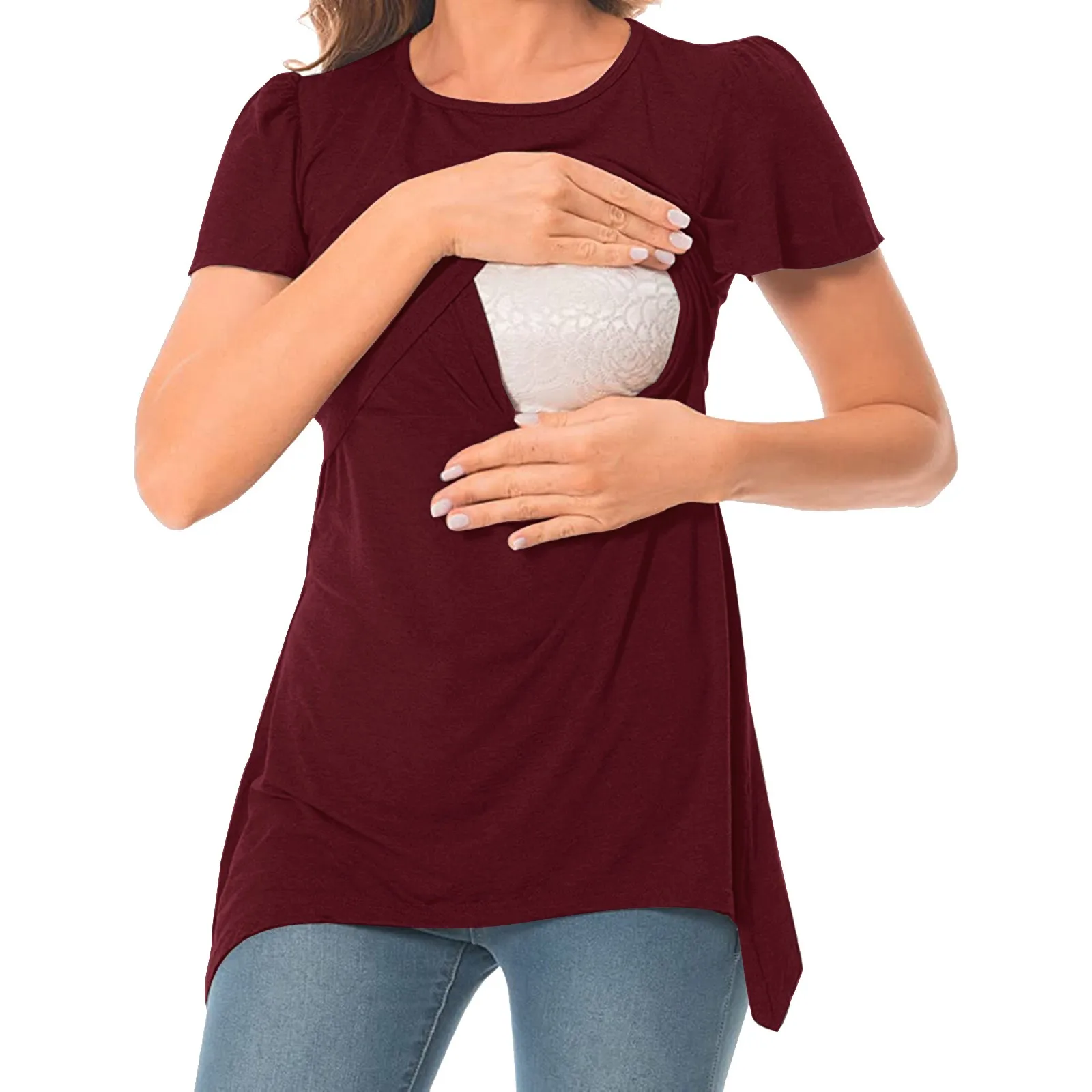 Tops de maternidad para lactancia, camiseta con dobladillo Irregular para mujeres embarazadas, camisa de lactancia, pantalón corto informal de manga, camiseta básica de lactancia, Tops sólidos