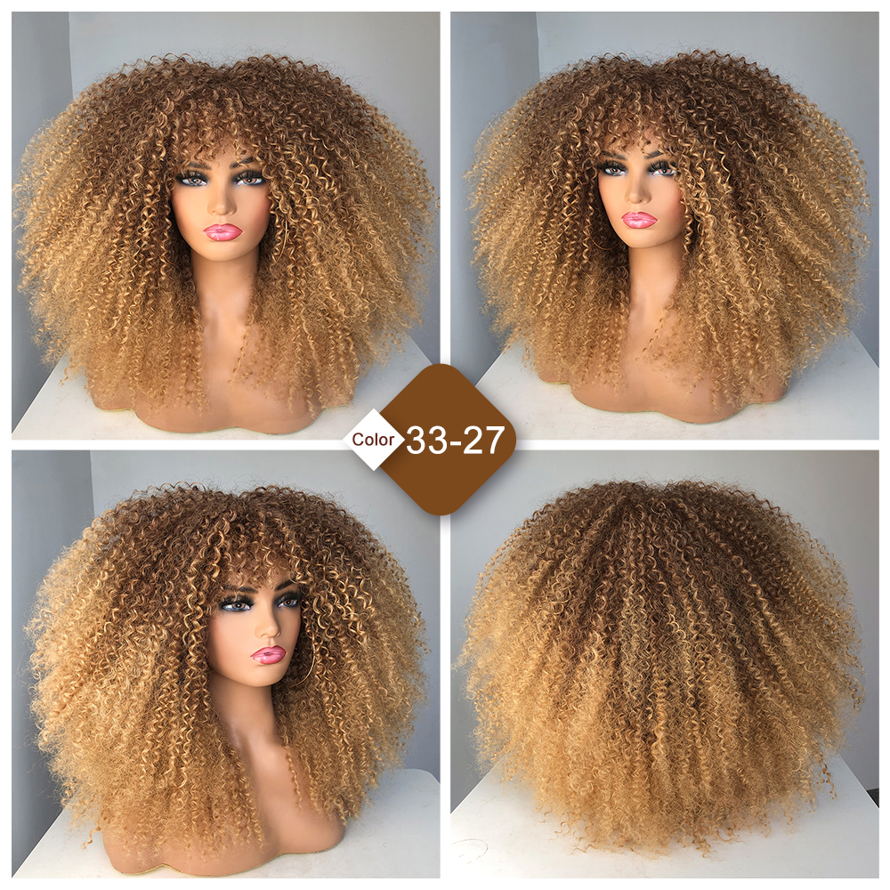 วิกผมหยิกกับ Bangs Afro Curly Wigs สําหรับผู้หญิงสีดําเส้นใยสังเคราะห์ปุยวิกผมหยิกยาวสําหรับ Daily Party คอสเพลย์