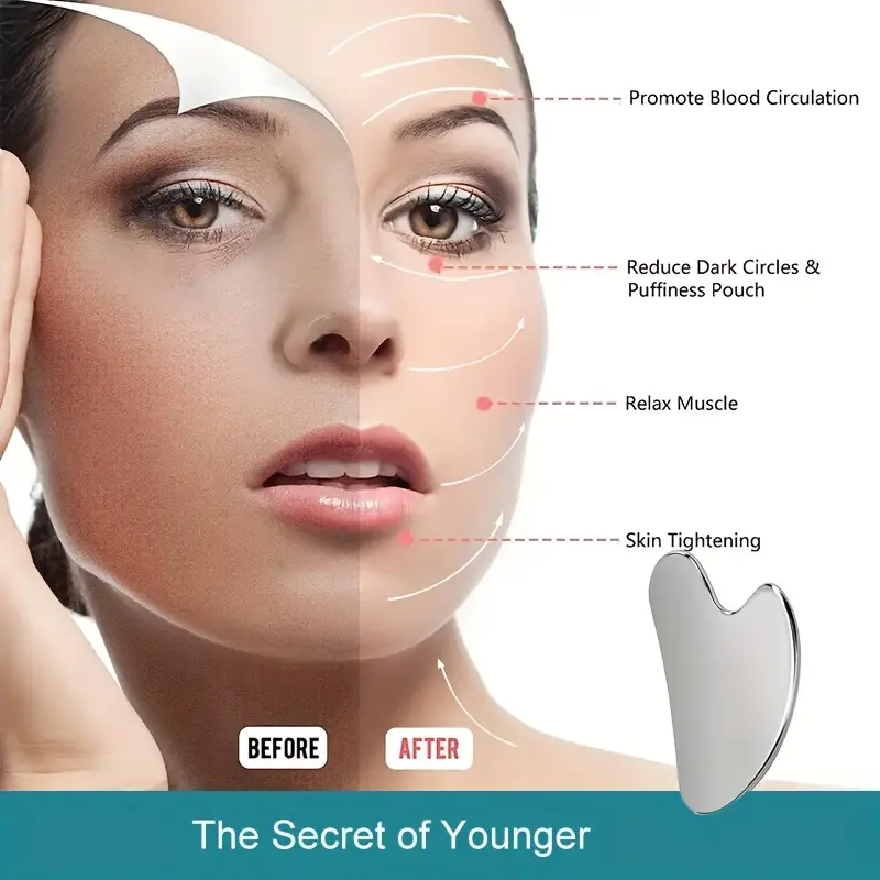 Raspador de massagem facial de aço inoxidável, raspador de beleza, face lift, lei, corpo inteiro, golfinho, coração, coldre