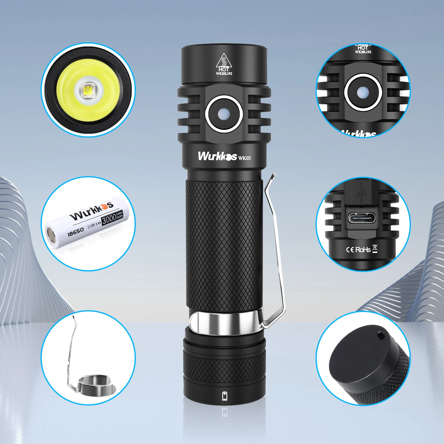 Wurkkos WK03 LED-Taschenlampe 18650 Taschenlampe 1800 lm ATR Luminus SST40 wiederaufladbares USB-C-Licht IP68 wasserdicht für Wandern Camping