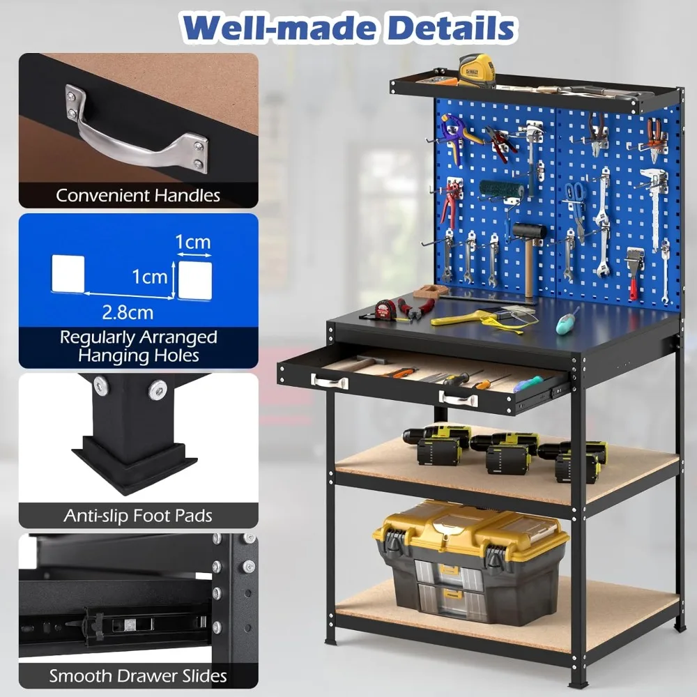 Workbench with Pegboards, 290kg with 4 Shelves 19 Hanging Accessories & Robust Metal Frame 81 X 41 X 156 Cm, Workbenches
