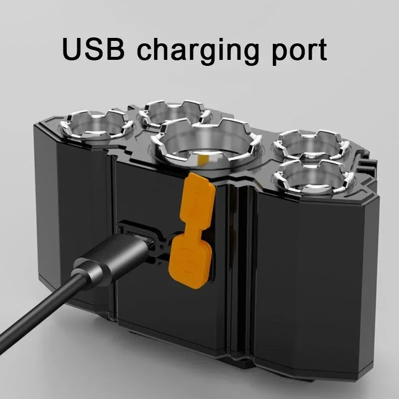 USB 충전식 5 헤드 헤드라이트, 슈퍼 브라이트, 장거리, 슈퍼 브라이트, 헤드 마운트 손전등