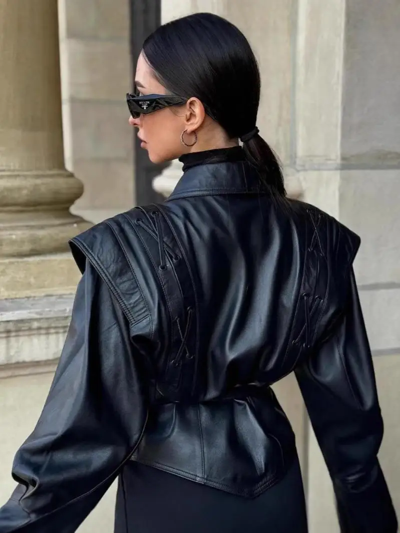 Suninherat outono jaqueta de couro falso 2025 moda preto pu casaco com cinto lapela outwear feminino