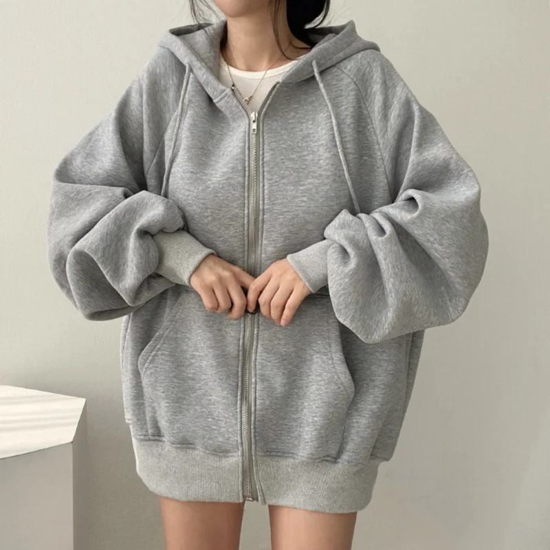 Cardigan Simples de Tamanho ande Estilo Coreano com Capuz Fino para Mulheres, Jaqueta com Zíper Estilo Preguiçoso da Moda O...