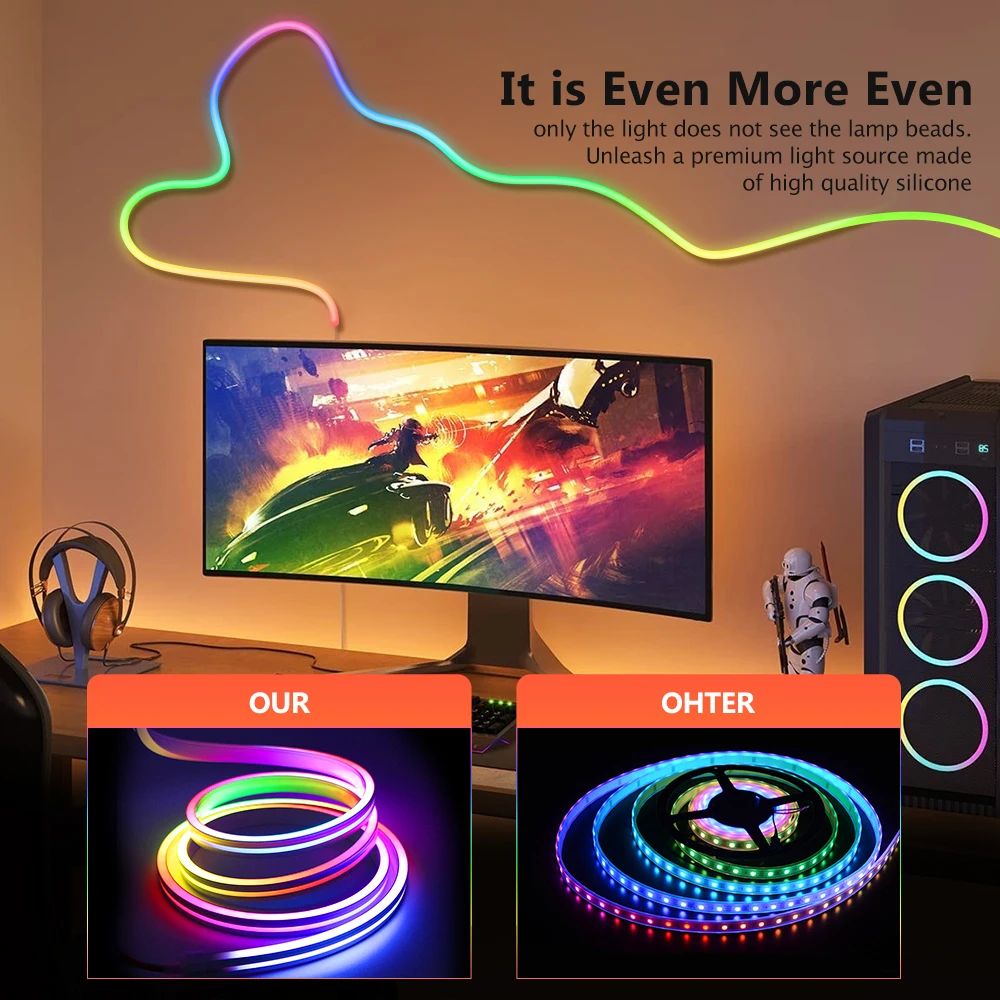 Tira de luces LED de neón con Bluetooth, cuerda de luz de neón con sincronización de música RGBIC Dreamcolor, cinta de persecución para decoración de juegos en habitación