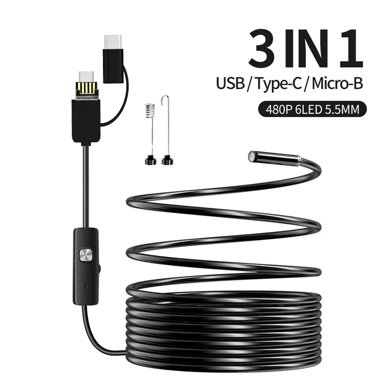 Telecamera per endoscopio USB-C telecamera per ispezione endoscopica con 6 luci a LED fotocamera serpente impermeabile flessibile per PC telefono Android OTG