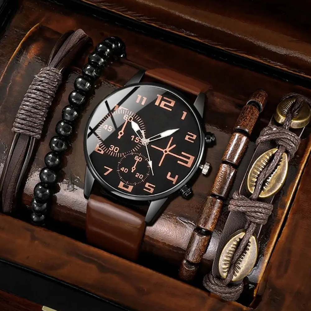 5 pçs conjunto moda masculina esportes pulseira relógios para homens retro grande dial relógio de pulso de quartzo clássico masculino casual relógio de couro marrom