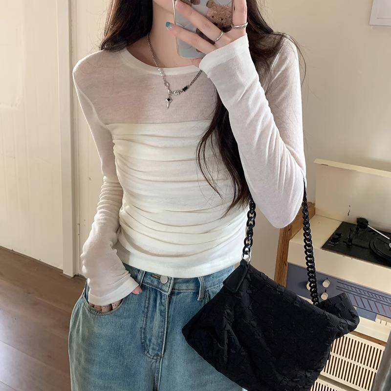 Sweet Short Sleeve Base Shirt Slim Fit Inner Wear Commute Sle Solid Color round Neck Long Sleeve T-Shirt for Young Women