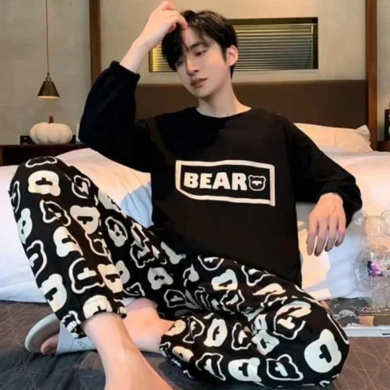Plus Größe Männer Pyjama Set Langarm Lange Hosen Student Lose Beiläufige Nachtwäsche Loungewear Zwei Stück Set Cartoon Nachtwäsche