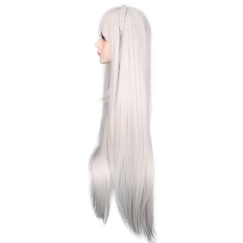 40-Zoll lange, gerade, silberne synthetische Perücke mit Fransen für Urlaubsparty, Halloween, Cosplay