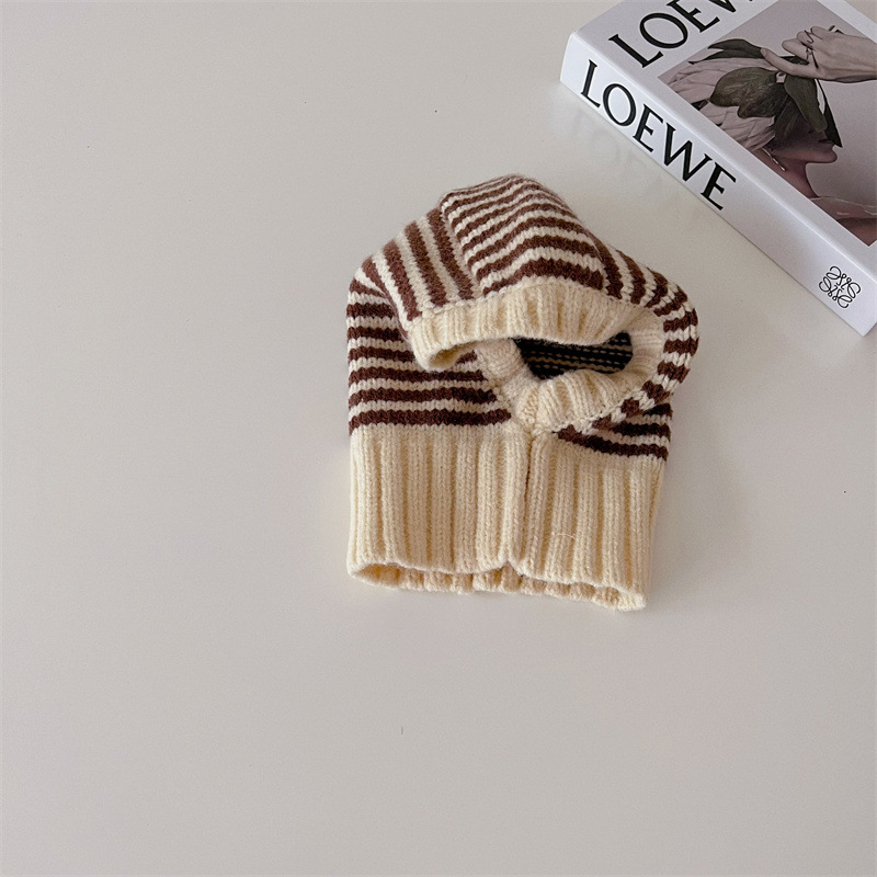 Inverno coreano moda crianças bebê malha com capuz cachecol bonés listra quente chapéu de uma peça crianças acessórios