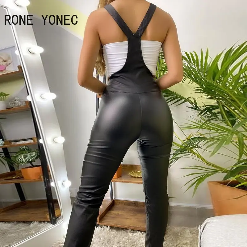 女性のエレガントなソリッド Pu レザー ジッパー装飾全体的なサスペンダー ジャンプスーツ