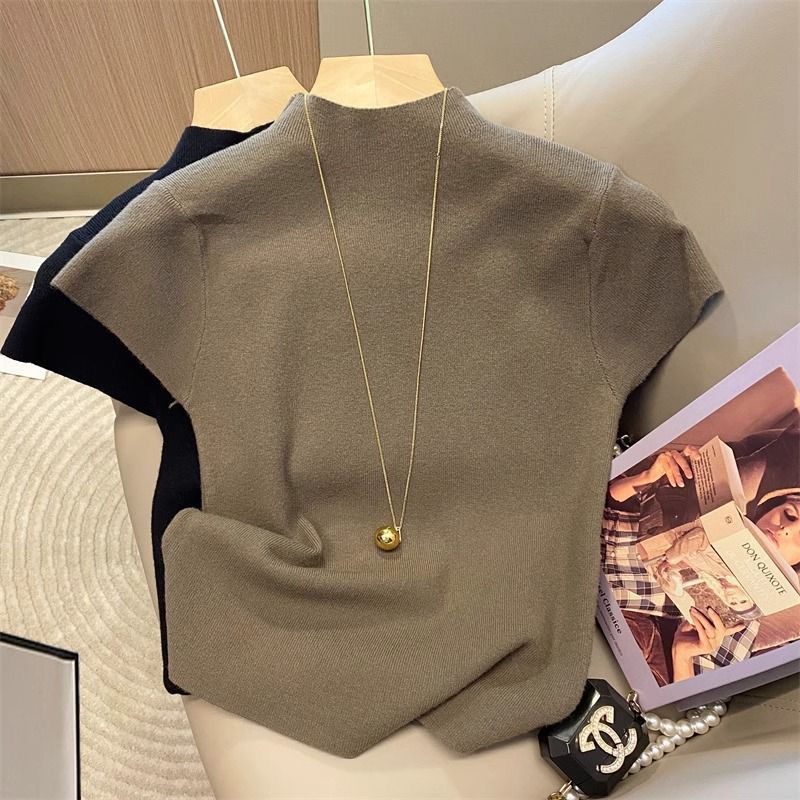 2026 Basic Turtleneck Solid Thin Summer Pullover Women Female Knitted Sweater Slim Short Sleeve Bodycon Sweater