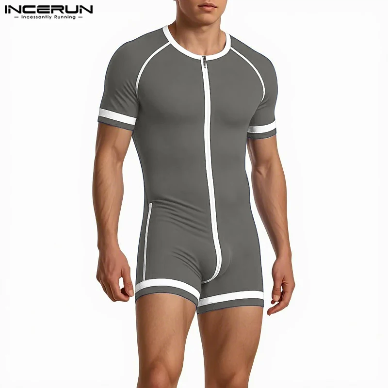 INCERUN Männer Bodys Patchwork Zipper Oansatz Kurzarm Gemütliche Männliche Strampler Playsuits Workout 2025, Mode Lässig Bodysuit Männer