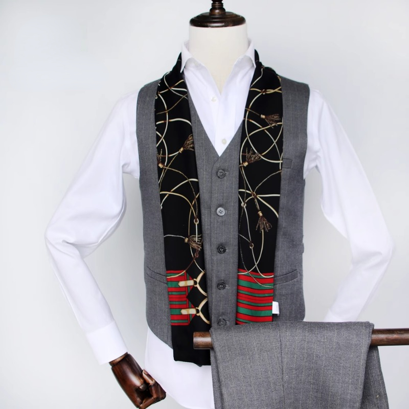Bufandas de seda para hombre, bufanda estrecha con estampado de tiras británicas versátil, versión coreana, traje retro para mujer, bufanda pequeña decorativa