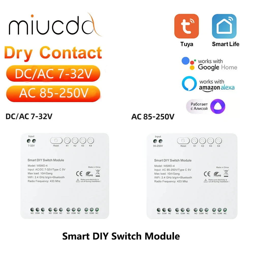 Módulo de interruptor de contato seco inteligente MIUCDA Tuya de 4 canais 7-32V/85-250V suporta compatível com Alexa Google Home