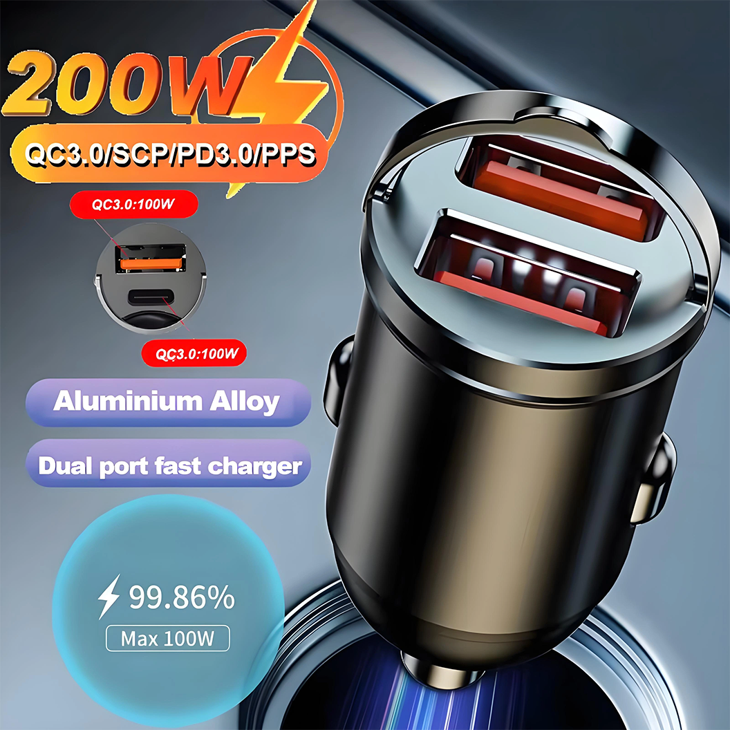 Cargador de coche de 200W, cargador USB de carga rápida de doble puerto, sistema de arranque y energía para coche, adaptador de carga de teléfono móvil de 12-24V, pieza de automóvil