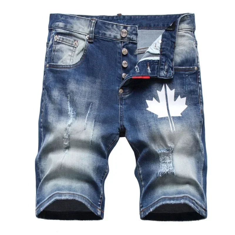 New Fashion Summer Male Denim Jeans Shorts Italian High Street Style Men Blue Straight Ripped Denim Shorts Jeans Casual Jeans 42