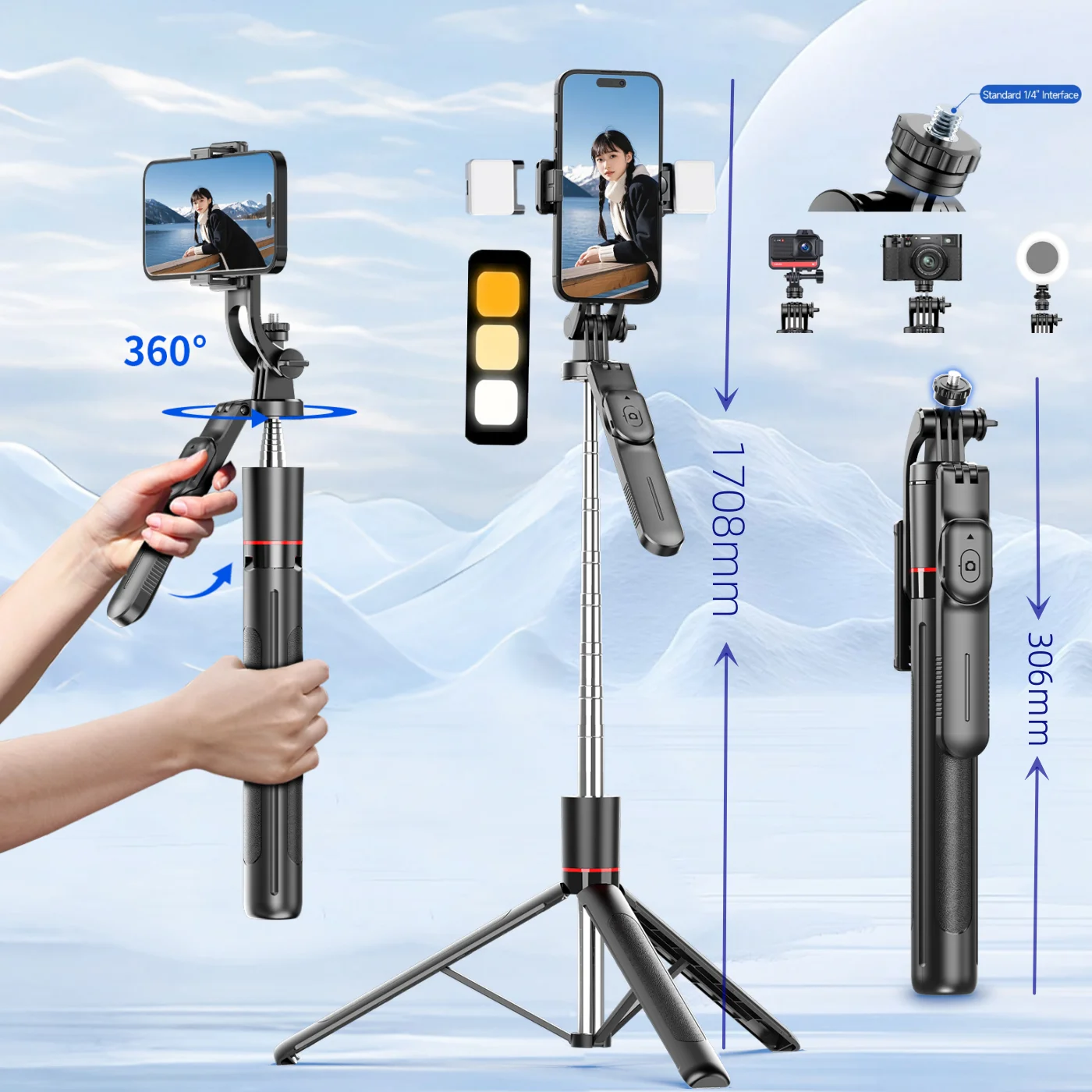MEUYAG Trípode para palo selfie con luz de relleno monopié de 1708 mm de largo, control remoto Bluetooth, 360 °   Rotación, Interfaz 1/4, para teléfono móvil