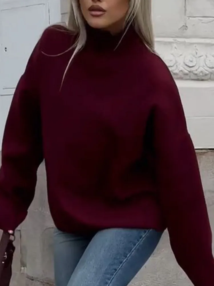 RetroสีทึบคอWarm Lady Pullover Elegantแขนยาวสบายๆ 2024 ใหม่ผู้หญิงฤดูใบไม้ร่วงเสื้อกันหนาว