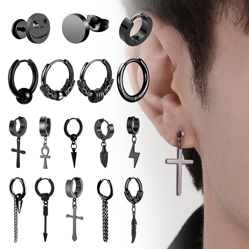 1 para Punk kolczyki sztyfty ze stali nierdzewnej czarne kolczyki zestaw dla kobiet mężczyzn Vintage Hip Hop Piercing biżuteria do uszu