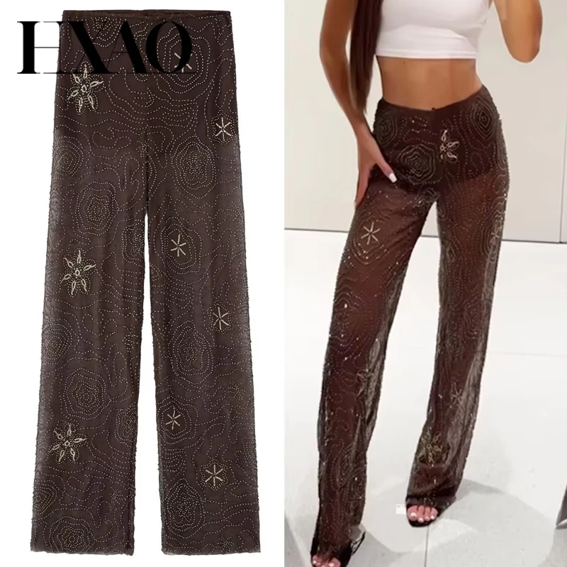 Hxao calças femininas primavera verão 2025 miçangas calças marrons lantejoulas translúcidas calças de cintura alta senhoras streetwear calças casuais